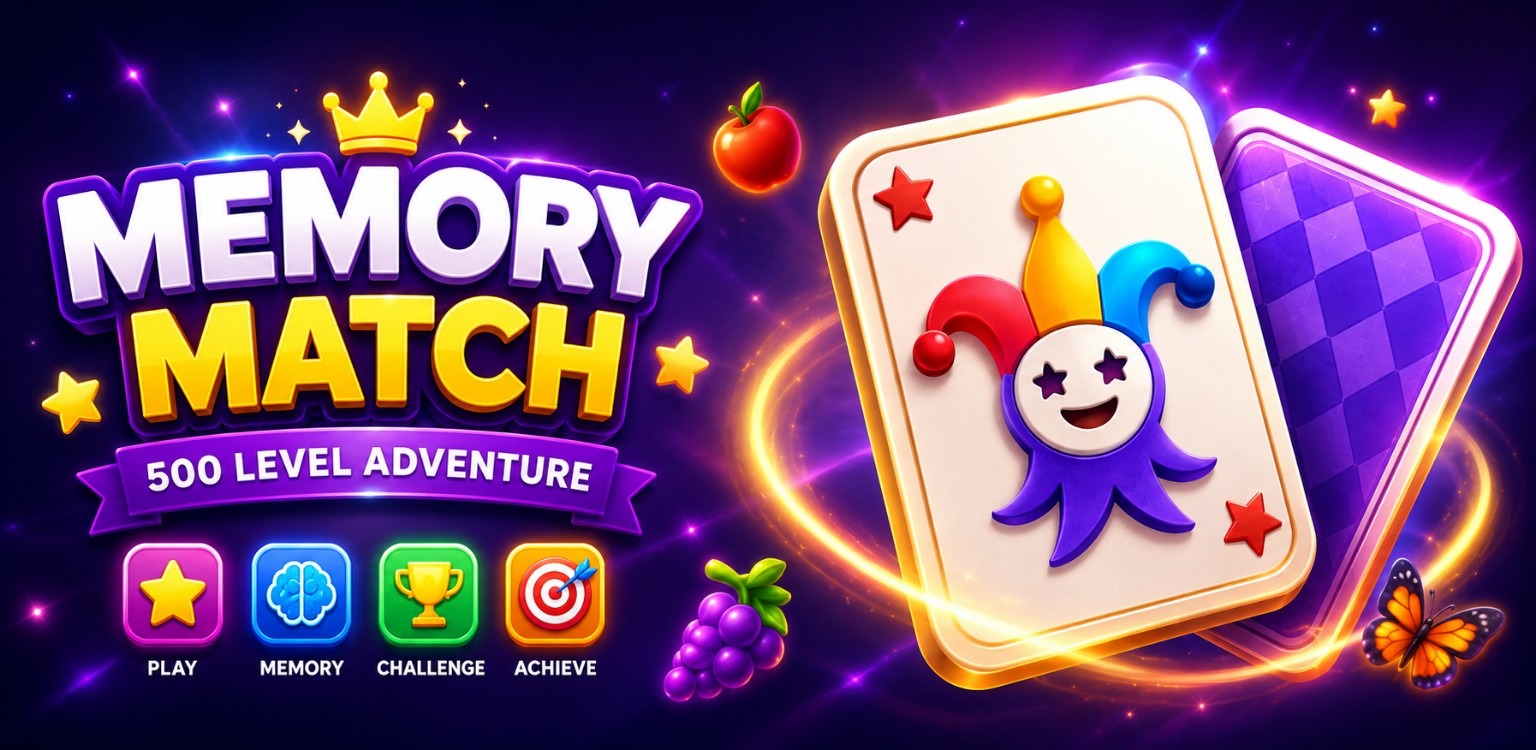 Memory Match: Brain Puzzle — colorful cards, a playful jester and 500 level adventure
